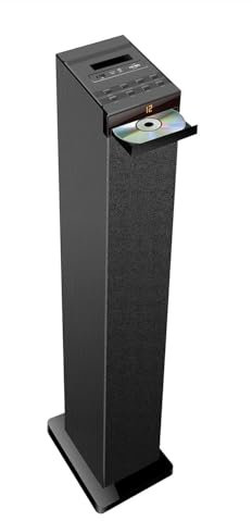 Tour de Son Hifi 60W Noire avec Lecteur CD, Colonne Bluetooth, FM et USB, Télécommande, Jeux de lumières Bagues LED en Cadeaux