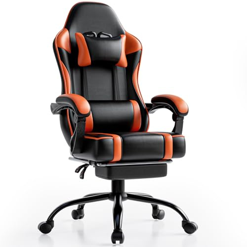 Fruyyzl Gaming Stuhl 150 kg Belastbarkeit, Bürostuhl mit Fußstütze, Gamer Stuhl mit Verstellbare Lendenkissen, Gaming Chair aus Kunstleder, Höhenverstellbarer Gaming Stuhl Kinder, Orange