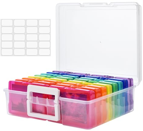 VITEVER Fotoaufbewahrungsbox mit 16 innere Fotohalter, 17 × 12 cm Fotoetui, Mehrfarbige Durchsichtige Fotoboxen zur Aufbewahrung von Postkarten, Handwerk, Aufkleber, 1×Aufkleber