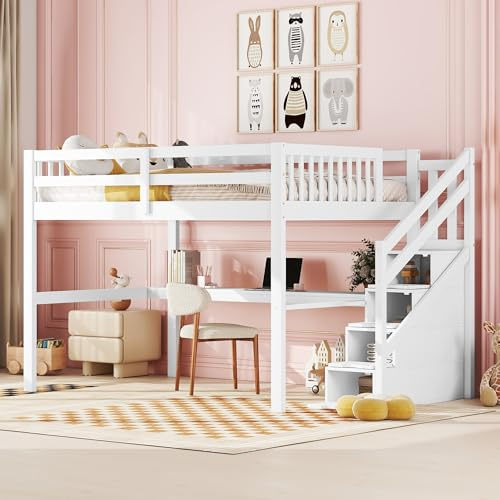 Merax Kinderbett Hochbett 140 x 200 cm mit Unterbett Schreibtisch und 4 Schubladen, Etagenbett mit Lattenrost und Rausfallschutz, aus Massivem Kiefernholz und MDF, für Kinderzimmer Schlafsaal, Weiß