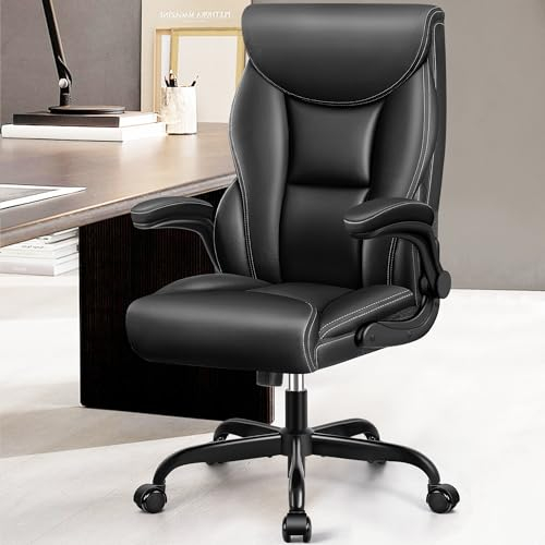 FelixKing ergonomischer Bürostuhl, Chefsessel Home Office Stuhl aus PU-Leder,Drehbare Computerstuhl mit Lendenwirbelstütze，Hochklappbare Armlehnen，höhenverstellbar，Schaukelfunktion（Matt Schwarz）
