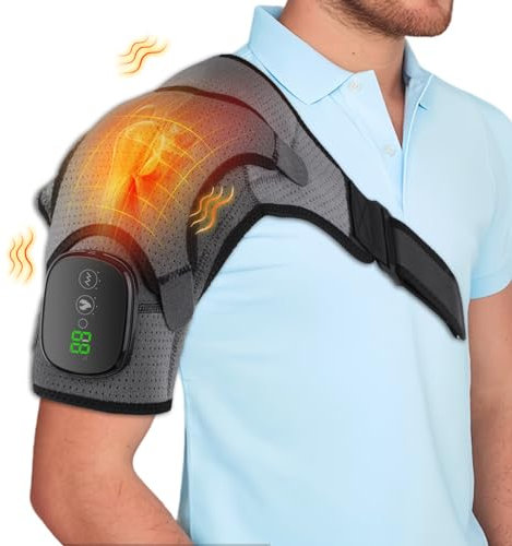 AGWIM Cordless Heated Shoulder Brace Wrap, Heating Pad with Massage, 3 Heat & Vibration, 5000mAh Battery Powered, Shoulder Massager for Men Women