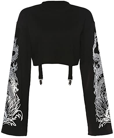 YINGWIN Women's Dragon Pattern Gothic Top Casual Streetwear Long Sleeves Shirts Kpop Crop Top Rave Outfit Emo