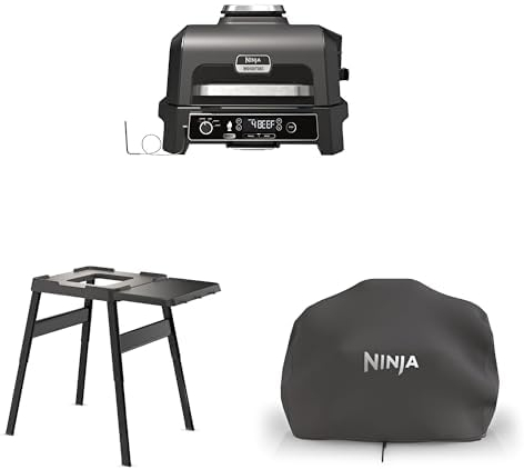 Bundle of Ninja Woodfire Pro XL Electric BBQ Grill & Smoker with Digital Probe, Large 4-in-1 Outdoor Grill & Air Fryer with Smart Cook System & Pellets, Weather Resistant OG850UK + Stand + Cover