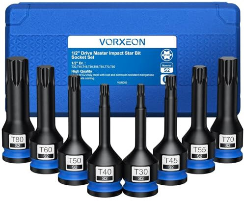 VORXEON 1/2 Jeu de Douille Torx Male en Acier Allié S2 Embouts T30, T40, T45, T50, T55, T60, T70, T80 Adaptateurs de Embout star Convient pour clés pneumatiques électriques