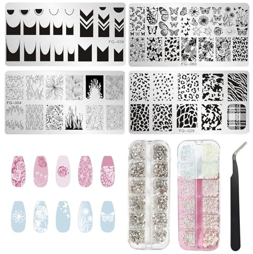 JSTHHTT 4 Pcs Nail Stamping Plates, Nail Art Rhinestones, Nail Art Gems, Flower Animal Pattern Manicure Print for Nails, Clothes, Face, Teeth