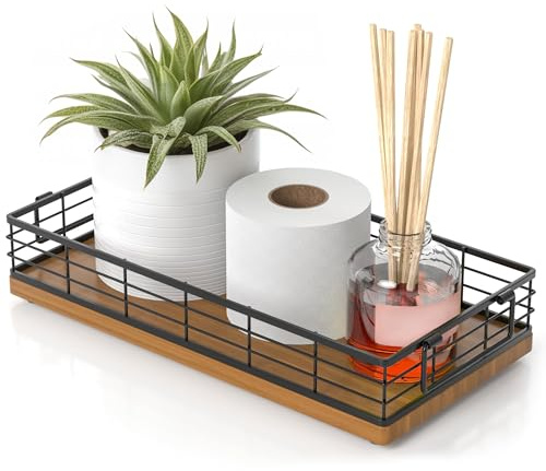 Toilet Paper Basket, 13 Inch Bathroom Basket with Handle, Wood & Iron Toilet Tank Basket, Toilet Basket for Bathroom Tank Topper, Back of Toilet Basket for Living Room and Kitchen Counter (Brown)