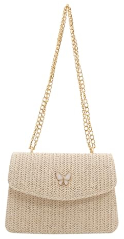 TOFBS Schultertasche für Damen Clutch Stroh Schmetterling Quadratische Strohtasche mit Kette Sommer Umschlag für Sommer Strand Damenreisen Urlaub(Beige)