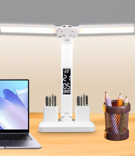 SOBEAU Lámpara Escritorio LED,Flexo Led Escritorio con 3 Modos y Luminosidad Ajustable,Lámpara de Escritorio de Doble Punta con Pantalla LED y Portalápices para Leer Oficina