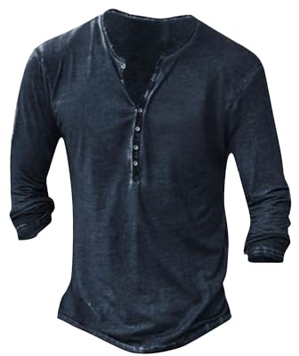 Mens Henley T-Shirts Long/Short Sleeve Retro V Neck T Shirt Slim Fit Cotton Casual Shirts