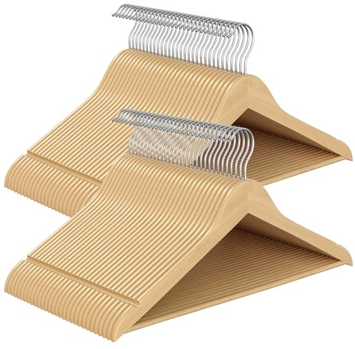 SONGMICS Kleiderbügel Holz, 60er Set, Holzbügel schlank, Bügel, Einkerbungen im Schulterbereich, Hosenbügel, 360° drehbarer Haken, Birkenholz, für Träger und Jacken, naturfarben CRW030K60