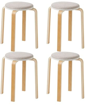 SMARTIK 4pcs Round Wood Stools, Set of 4 Round Barstool Stool Upholstered Backless Stackable Dining Stools Chairs Bentwood Seat with Natural Wood Legs (Gray)