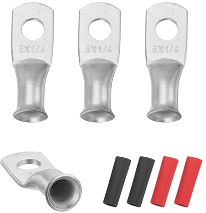 sourcing map 4pcs 6 AWG M6 Battery Lugs Ring Terminals, 1/4 6mm,Silver | Stud Crimp Wire,Terminal Connector End Copper, 3:1 Heat Shrink Tubing