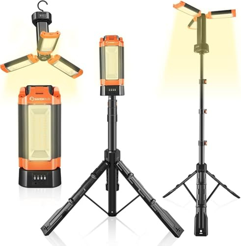 SakerPlus Portable Camping Light with Stand, 20000mAh Outdoor Work Light 800-3200 Lumen, 6.1ft Height with Detachable Tripod, 3300-6500K Dimmable LED, Camping Essentials Gear Emergency Flashlight