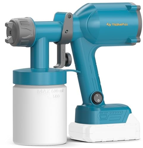 Tilswall Pistola de Pintura Eléctrica - Pistola Pulverizadora Eléctrica Inalámbrica y Ultraligera - Compatible Batería Makita 18V (No Incl.) 600ml, 2 Boquillas & 3 Modos, Para Pintar Paredes y Muebles