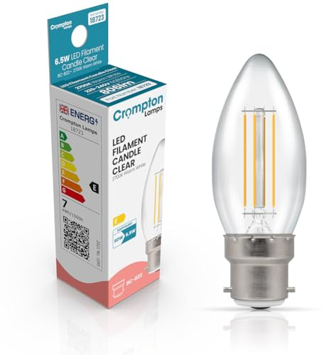 Crompton Lamps Filament Candle LED Light Bulb BC-B22d | 6.5W = 60W Equivalent | Warm White 2700K | Energy Efficient | Bayonet Lightbulb | Long Life 15,000-Hrs | Clear Glass | Dimmable