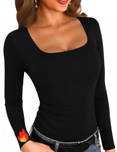 Aottori Langarmshirt Damen Eckiger Ausschnitt Gerippt Basic Shirt Langarm | Oberteile, Tops, Pullover Dünn, Slim Fit, Stretch, Eng, Sexy, Elegant, Casual, Einfarbig, für Herbst Alltag Freizeit Büro