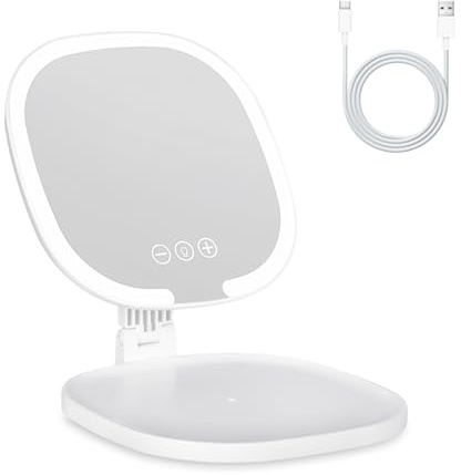 Colexy Travel Makeup Mirror with LED Light, Portable Travel Mirror Slim LED Vanity Lighted Rechargeable Foldable with 3 Lighting Modes Dimmable Touch Screen (White)