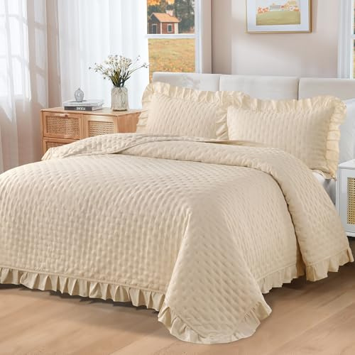 WONGS BEDDING Tagesdecke 240x260 Bettüberwurf Creme Decke Steppdecke 3 Teilig Doppelbett Gesteppt Bettdecke Vielseitige Wohndecke mit 2 Kissenbezug 50x75 für Schlafzimmer als Sofaüberwurf