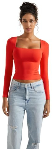 SUUKSESS Women Square Neck Long Sleeve Tops Double Lined Going Out T Shirts