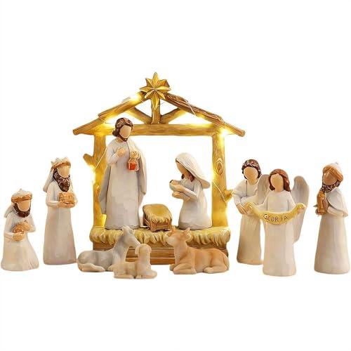 Yiokii Weihnachtskrippen-Set mit Krippe, LED-Stern, Engel mit Gloria-Banner, Weihnachtskrippen-Sets und Figuren für Kinder und Familie, Weihnachtsdekoration, 12-teilig