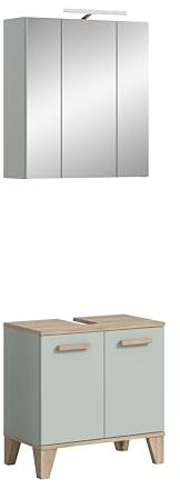 xonox.home – 2 TLG. Badkombination inkl. Beleuchtung Star 60x190x34 cm Hellgrün und Eiche hell – Kompaktes Badmöbel-Set mit LED Spiegelschrank – Perfekt für kleine Bäder oder Gäste-WC