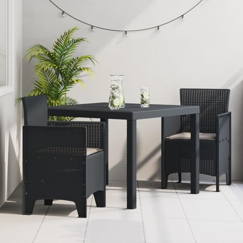 IBUQDDV 3-TLG. Garten-Essgruppe mit Kissen Anthrazit Poly Rattan, Quadratischer Tisch und 2 Stühle für Balkon, Langlebiges UV-beständiges Outdoor-Möbelset, Wetterfestes Polypropylen