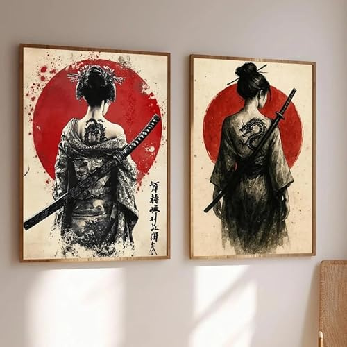 LTjiajuypd Vintage-Poster mit japanischer Geisha und Drachen-Tattoo auf Leinwand, Kunstdruck, Wandbild für Wohnzimmer und Heimdekoration (40 x 50 cm - 2 Stück)