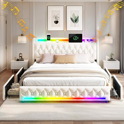 XMFFPM Modern Upphöjd Sängram med LED-belysning, Bluetooth Högtalare, 4 Förvaringslådor, Sammetstyg med USB/Type-C Laddning,160x200 cm, Beige