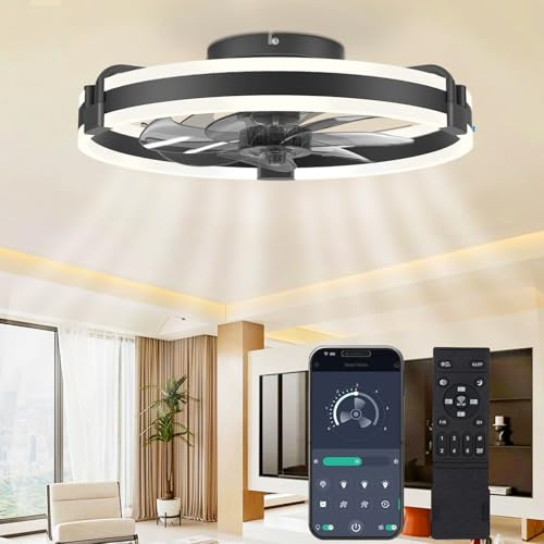 Azanaz Deckenventilator-mit-Beleuchtun 50cm LED-Ventilator-Deckenleuchte Leise Fernbedienung Dimmbar 6 Geschwindigkeitsstufen Deckenventilator-Mit-Licht Timer Memory für Wohnzimmer Schwarz