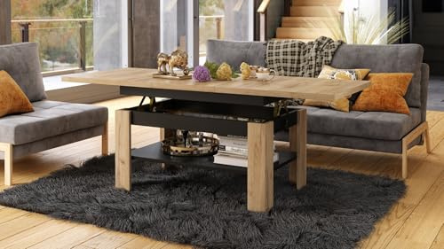 designimpex Rio Couchtisch ausziehbar höhenverstellbar 130/170 cm in Eiche Gold/Schwarz Matt modern Ablage Wohnzimmertisch Esstisch Beistelltisch Sofatisch Couch Tisch Living Room Table Wohnzimmer