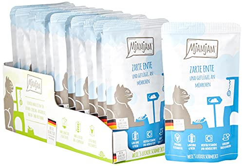 MjAMjAM - Premium Nassfutter für Katzen - Quetschie - zarte Ente & Geflügel an leckeren Möhrchen, 12er Pack (12 x 125 g), getreidefrei mit extra viel Fleisch