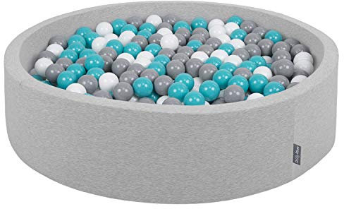 KiddyMoon Bällebad 120X30cm/300 Bälle Rund Groß Bällepool Mit Bunten Bällen Für Babys Kinder, Hellgrau:Grau-Weiß-Türkis