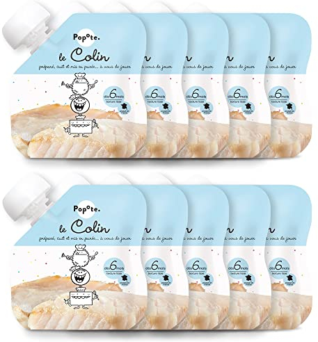 Popote Le Colin Trinkflasche mit Fisch für Babys, ab 8 Monaten, glatte Textur, 10 x 60 g
