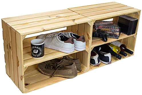 Schuhschrank Schuhregal Naturholz unbehandelt upcycling massivholz Holzkisten Weinkisten Regalkisten Maße 50x40x29cm (je Kiste) (2er Set Johanna Längs)