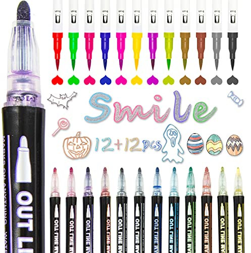 NQDTPBOR Outline Stifte Magische Stifte, 24 Farben Double Line Metallic Stifte Glitzerstifte, Glossy Magic Stift für Malen, Scrapbooking,Geschenke 4-12 jahre (12PCS Doppelstift+12PCS Dual Tip Stift)