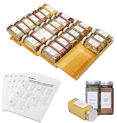 KitHero Spice Drawer Organizer with 24 Spice Jars and 216 Labels,Non-slip Rubber, Bamboo 4 Tier Spice Racks Tray Seasoning Containers for Kitchen Drawers,Cabinets,Countertops,13 Wide * 15.8 Deep