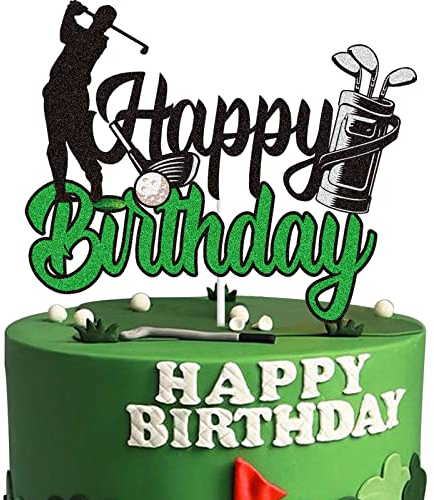 Golf Happy Birthday Cake Topper Black Green Golf Ball Player Cake Decorations Sport Themed Bday Party Supplies for Boys Girls Man