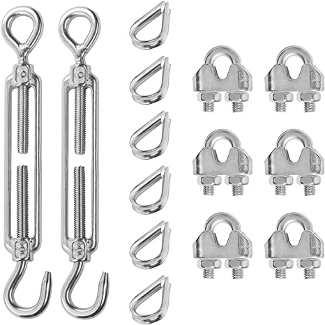 LQSCJS 2PCS M6 Haken & Ösen Spannschloss 304 Edelstahl Spannschloss Drahtseil Spannung, 5PCS M3 Edelstahl Kausche, 6PCS M3 Drahtseilklemme, Kabelschienen Kit für Drahtseil Kabel