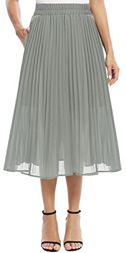 EXCHIC Damen Fließender Chiffon Elastisch Taille Midi Rock Freizeit A-Linie Knielange Falten Rock mit Tasche (M, Dunkelgrau)
