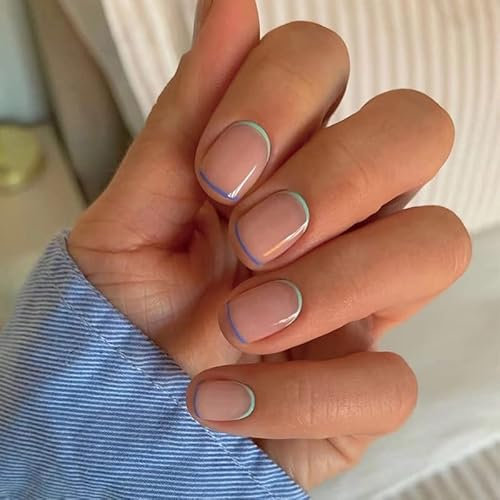 Sethexy Minimal Bleu Vert Français Faux Ongles Court Rose Faux Ongles Autocollants Brillant Ongles a coller 24 pièces Acrylique Coller sur les ongles pour les femmes et les filles