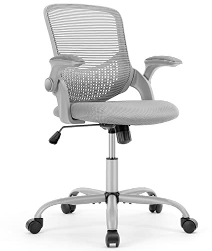 OLIXIS Office Chair - Desk Chair with Wheels, Ergonomic Home Office Chair with Flip-up Arms & Lumbar Support, Mesh Swivel Rolling Height Adjustable, Tilt & Lock, Computer Desk Chair, Grey (10102203)