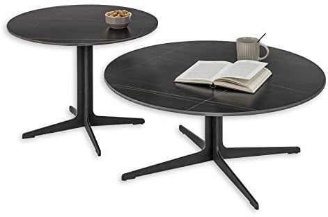 LENA Beistelltisch 2er Set rund, Schwarz - Modernes Couchtisch Set mit schwarzem Metallgestell - 80 x 35 x 80 cm (B/H/T)