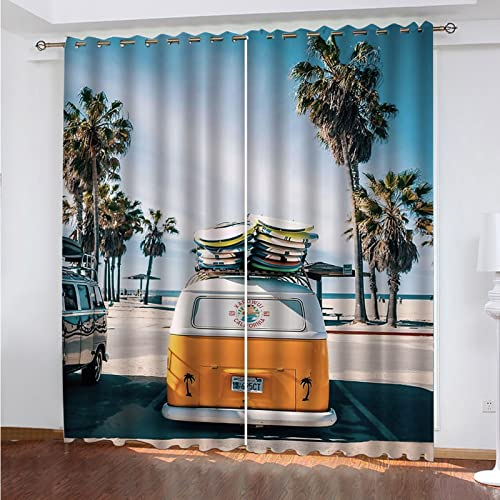 ELGISI Gardinen Wohnzimmer Kinderzimmer Verdunkelungsvorhang 3D Digitaldruck Strandbus Auto Vorhänge Blickdicht Schlafzimmer Thermovorhang Mit Ösen, 2Er Set 137X117Cm(H X B)