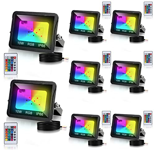 Herrselsam RGB LED Strahler 10W mit Fernbedienung, RGB LED Fluter Dimmbar mit 16 Farben 4 Modi, IP66 Wasserdicht, RGB fluter Outdoor für Party, Garten, Stimmungslicht (8 Stück)