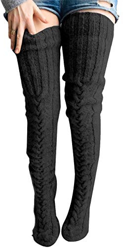 Edhomenn Women's Thigh High Socks Over the Knee Stockings Cable Knit Boot Socks Long Winter Leg Warmers (A-Black, One Size)