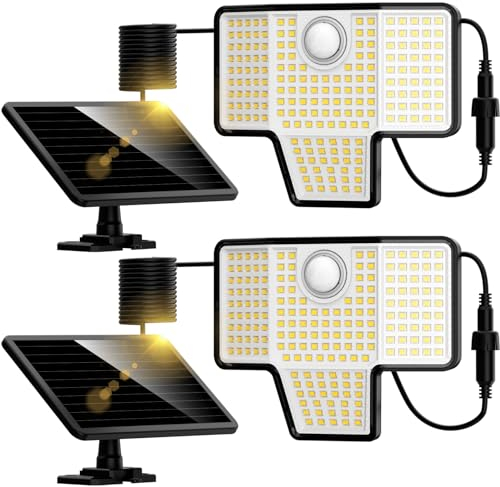 K Kasonic Lampes Extérieures Solaires à Capteur de Mouvement, 6500K LED Lumières de Sécurité, Illumination à Grand Angle de 270°, 2 Pack de Projecteurs Solaires Étanches IP65 avec Fil de 5M