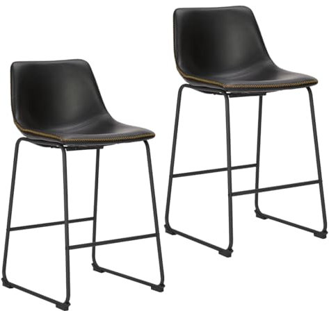 NEWBULIG 2er Set Counter Height Barhocker mit lehne, Matel Leder tresenstuhl für Bar Bistro Café Küche, Stuhl Sitzhöhe 66 cm, Schwarz