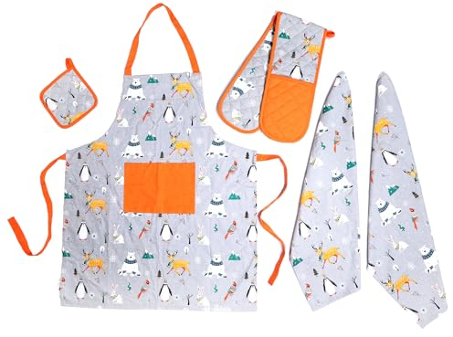 Olivia Rocco Kitchen Sets Apron Double Oven Gloves Towel Set Heat Resistant Oven Mitts Pot Holder for Home Kitchen Baking and Cooking Pack of 5, Winter Animals