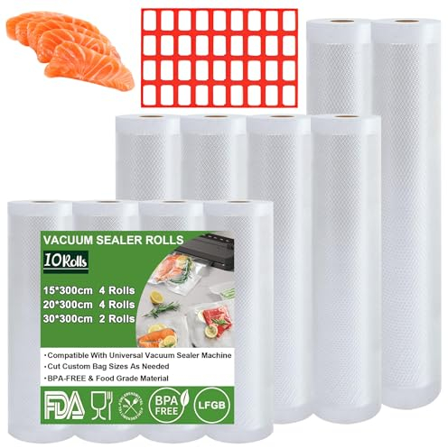 Omtofo Vakuumierbeutel 10 Rollen Vakuumierfolie, 30/20/15 x 300cm/Rolle Vakuumbeutel Lebensmittel, BPA-frei, reißfest, 150µm, Vakumierfolienrolle für alle Vakuumierer, Mikrowellen and Sous Vide